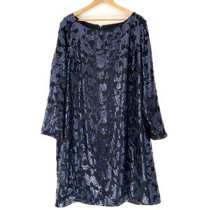 Vince Camuto Sequin Shift Dress Blue Black Long Sleeves Back Zip Women’s 20W